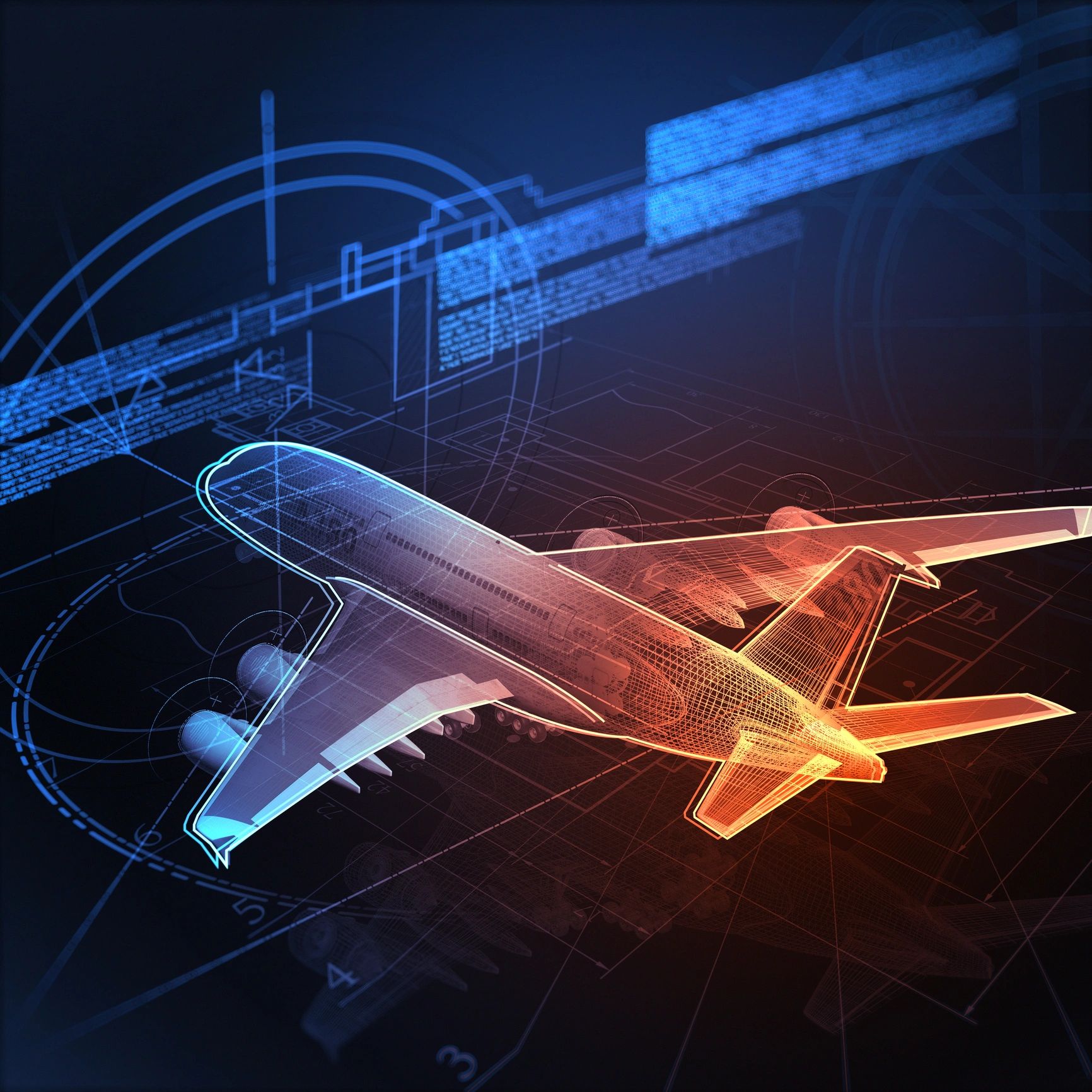 Futuristic neon wireframe airplane digital illustration